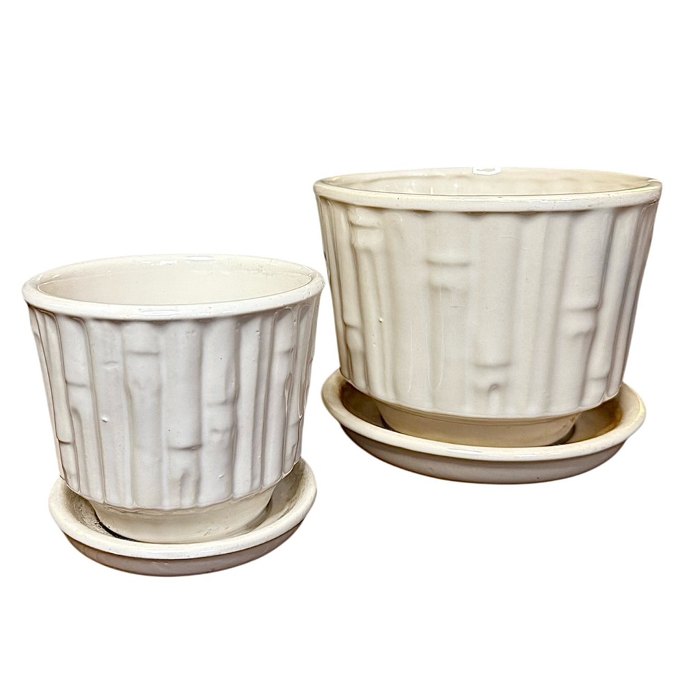 Vintage McCoy Bamboo Planters w/ Saucers | Set of 2|
Ivory Mid-Century Pottery